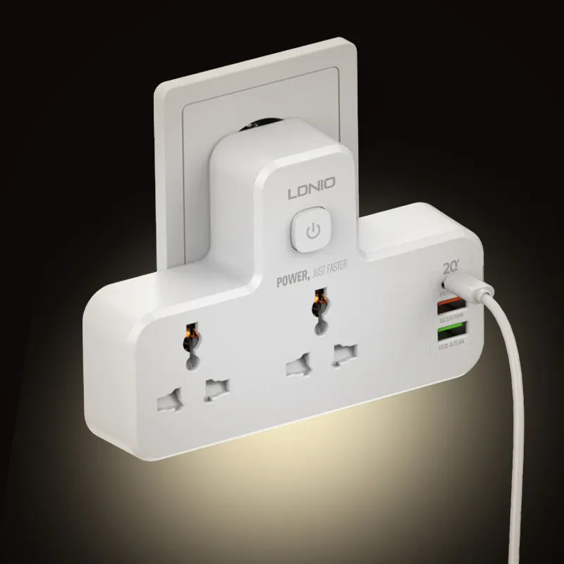 2500W 100-250V Power Extension Strip with 3 USB Ports LED Light 2 Power Outlets