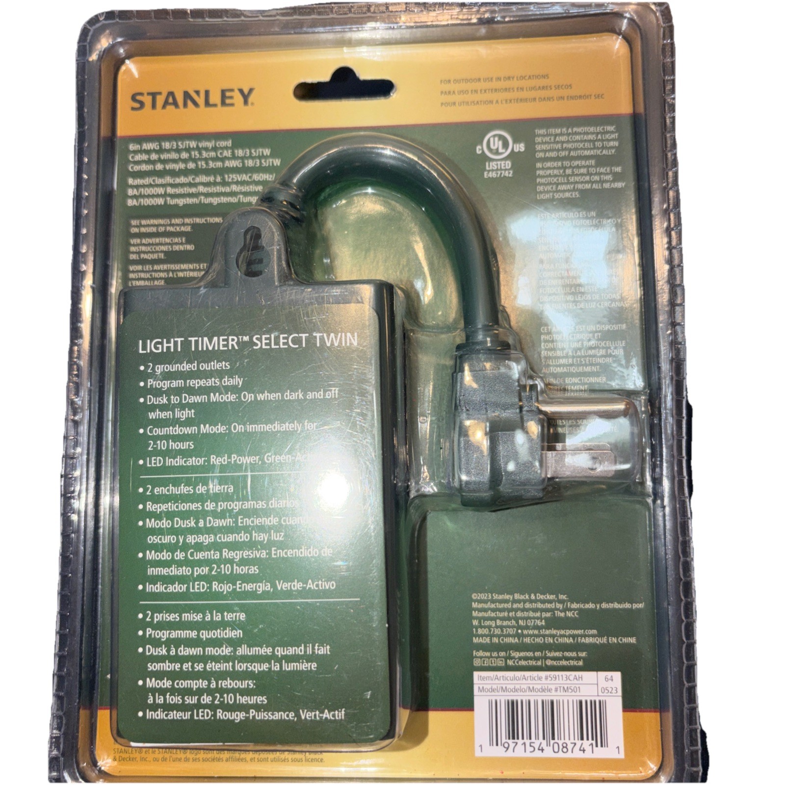 Stanley Light Timer Select Twin 2 Outlet Light Sensing Countdown Timer New
