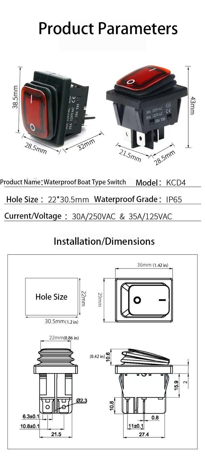 Ghsretore Pack of 2 30A Power Switch 125V/250V AC Boat Rocker Black