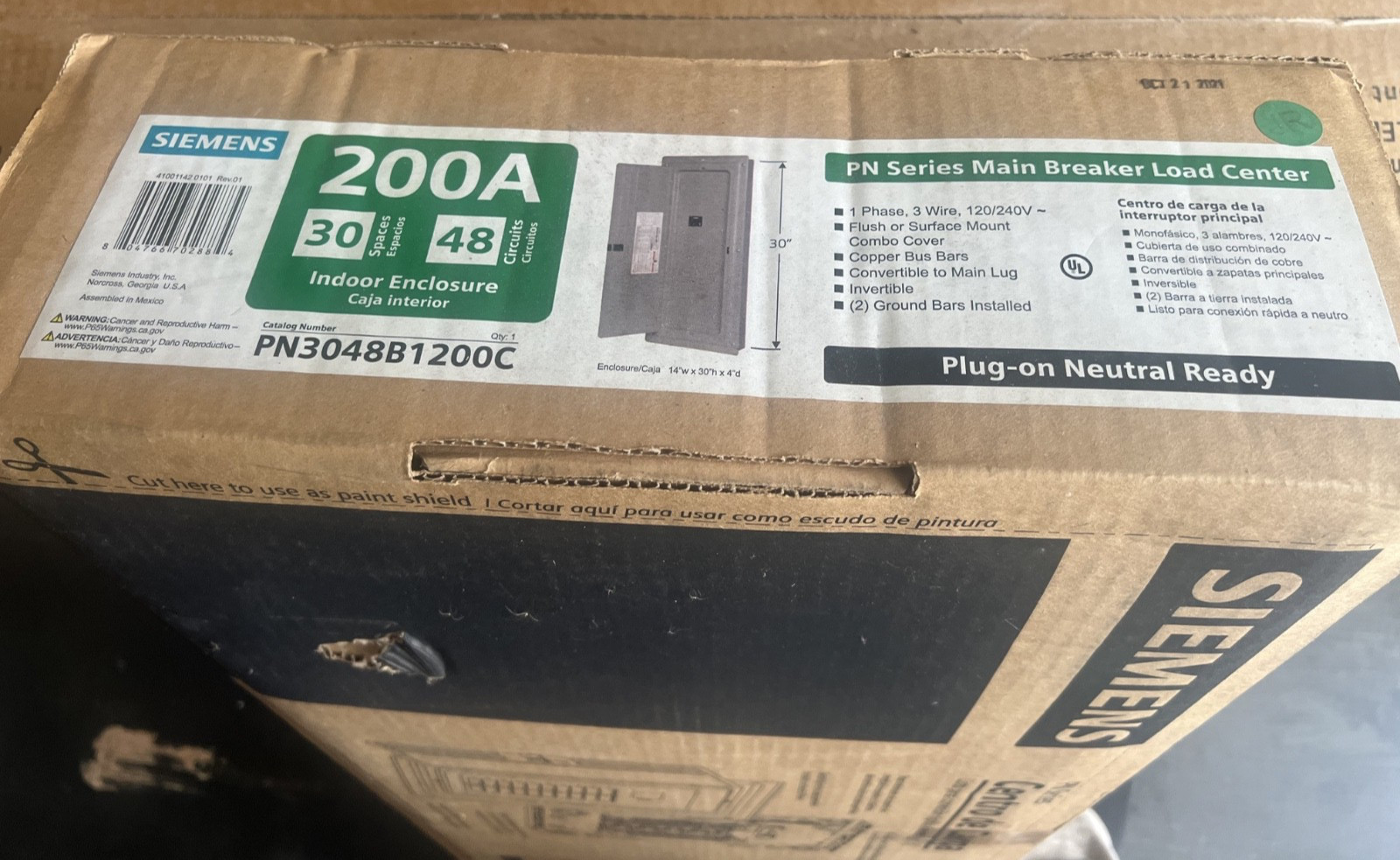 Siemens PN Series 200 Amp Main Breaker Plug-On Neutral Load Center PN3048B1200C