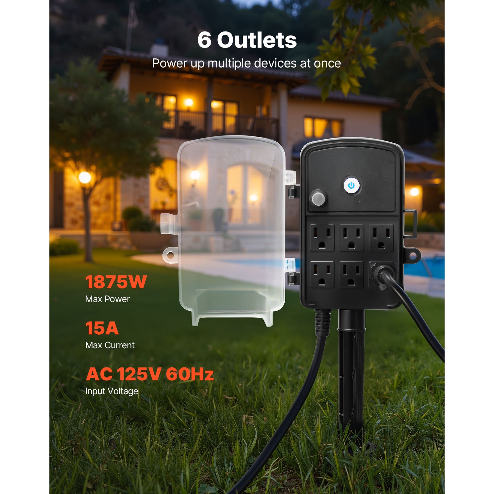 Uimoso Outdoor Power Stake with 6 Outlets and 50 FT Weatherproof Extension Cord