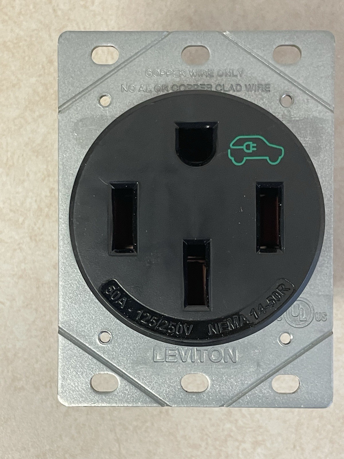 Leviton 50 Amp 125/250 Volt EV Power Outlet/Receptacle, NEMA 14-50R, Black