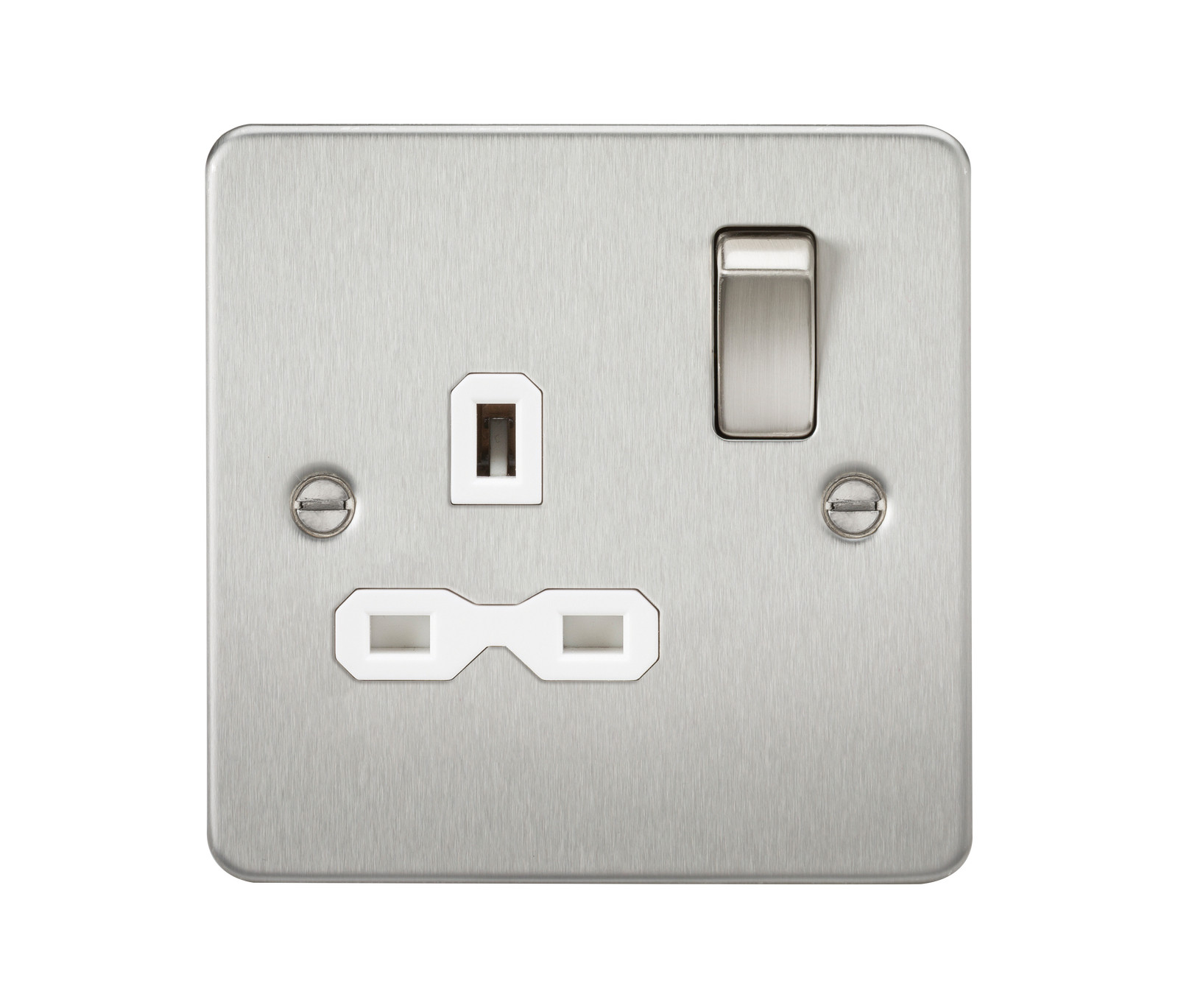 Flat plate 13A 1G DP switched socket – brushed chrome with white insert