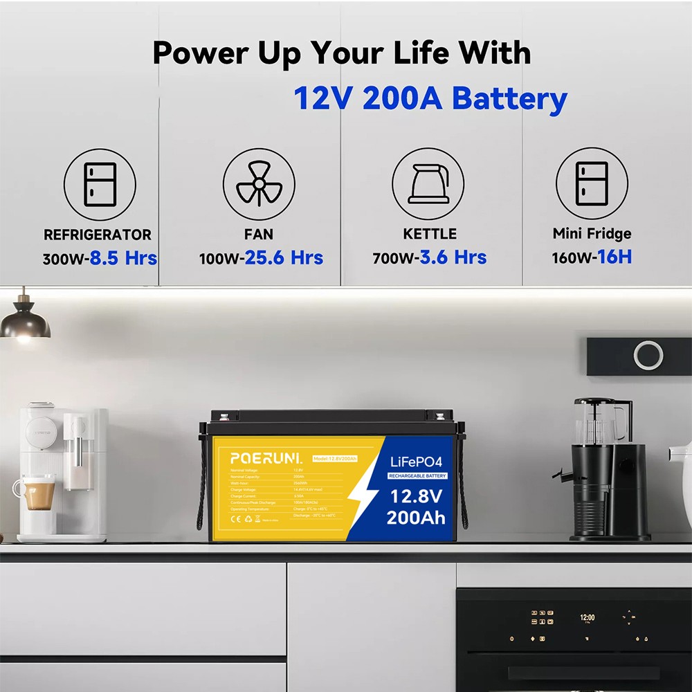 12V 200Ah Lithium LiFePO4 Battery Built-in BMS Deep Cycle whit 14.6V 20A Charger
