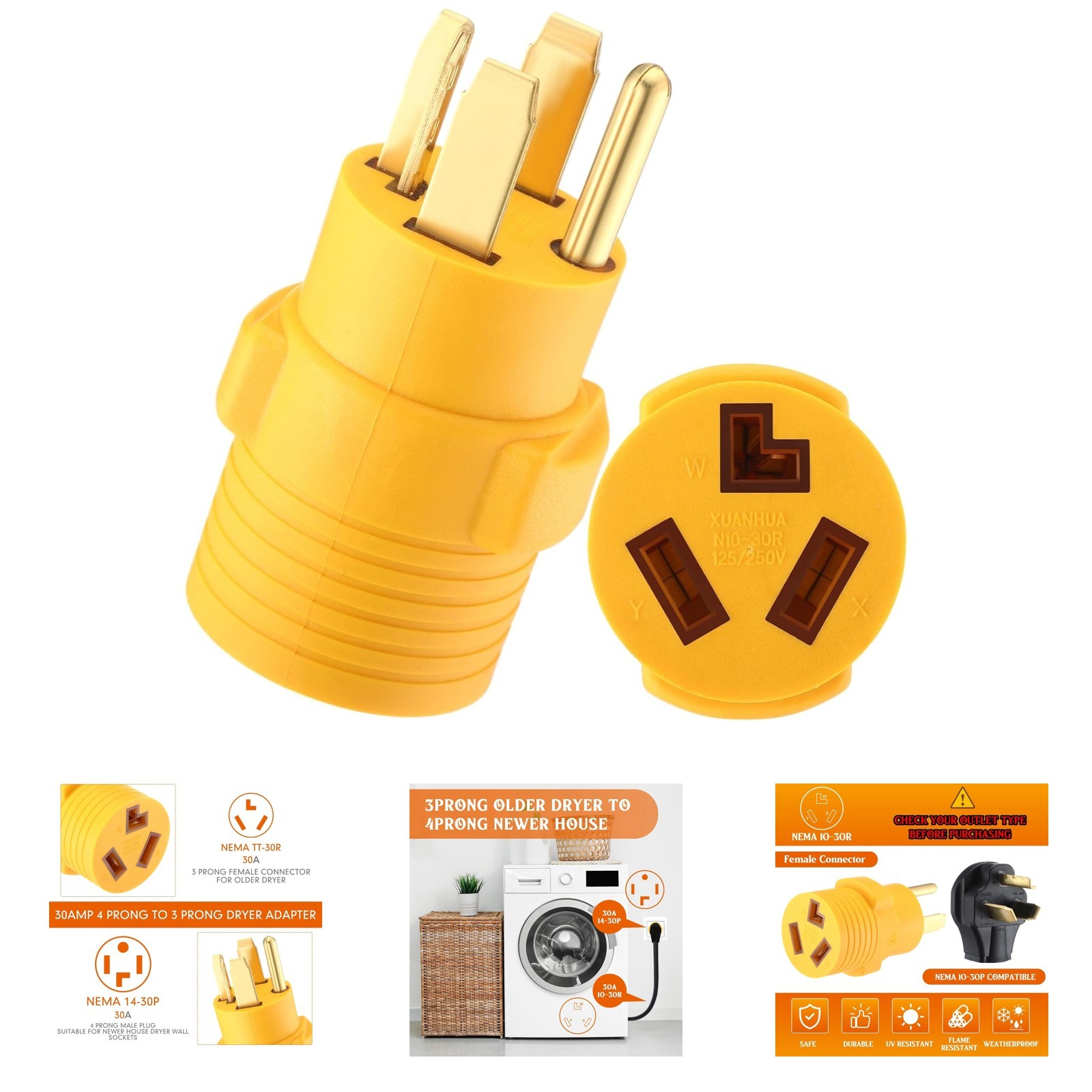 Dryer Adapter NEMA 14-30P to 10-30R 30 Amp 4 Prong to 3 Prong Converter for 220V