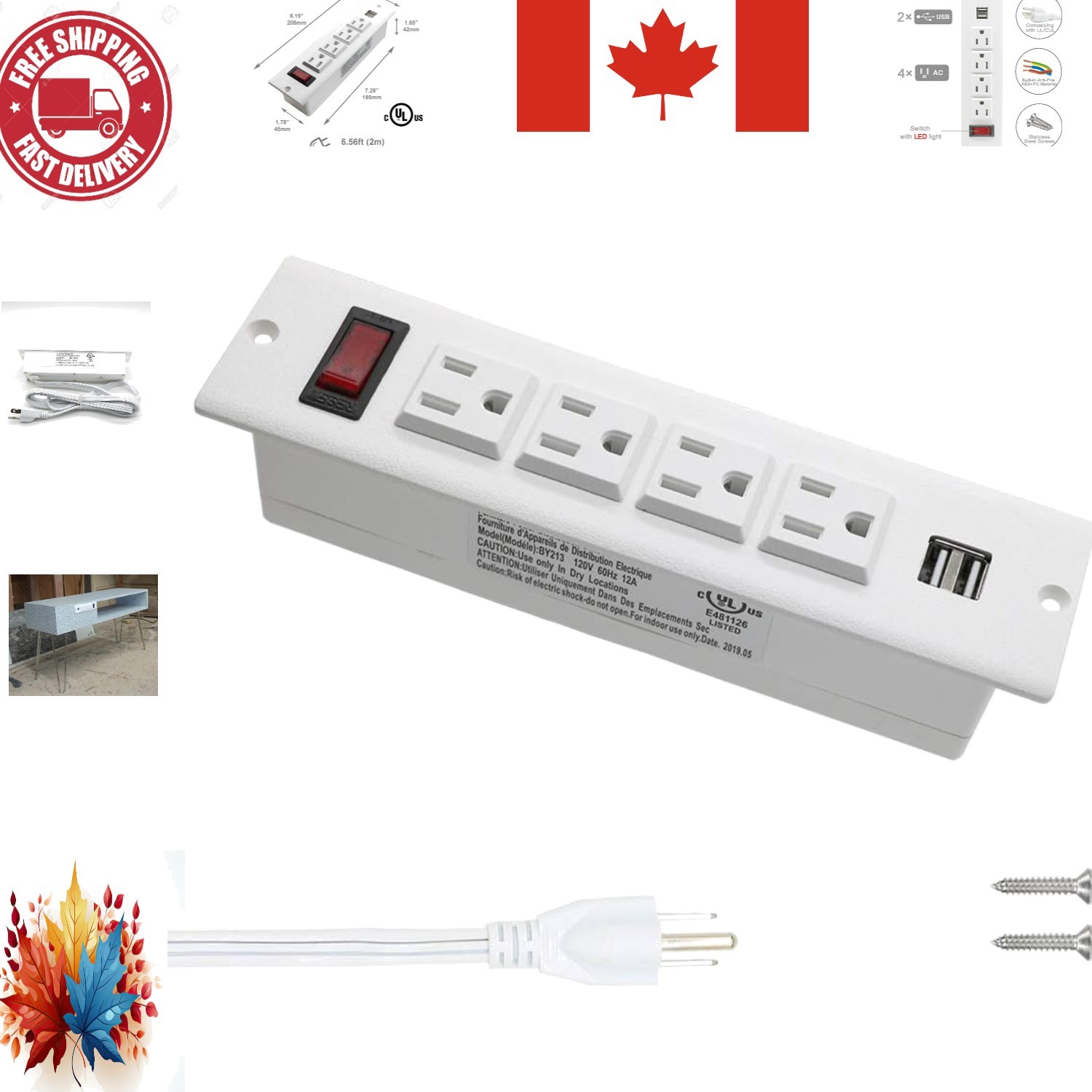 -Certified Recessed Power Strip with On/Off Switch & Scratch-Resistant Finish