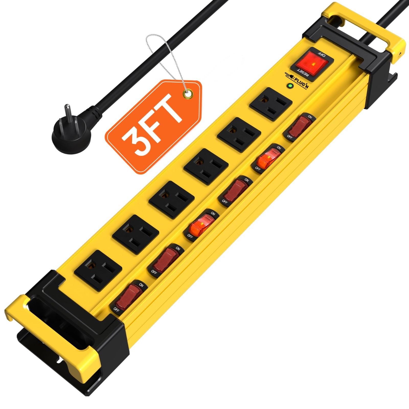 Power Strip Surge Protector 2700J 6 Wide Outlets 3 FT Cord Metal