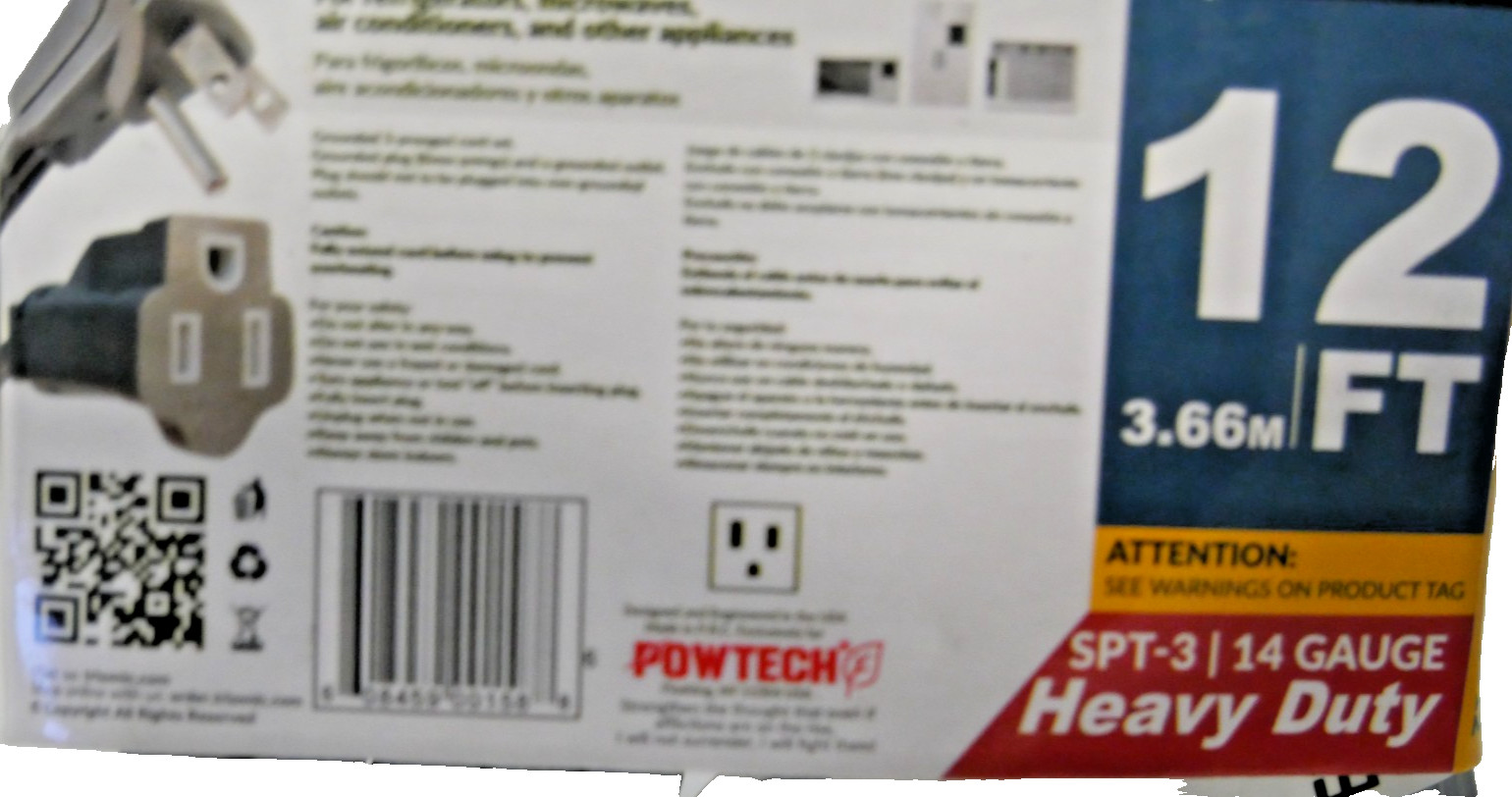 Powtech 12 Ft Heavy Duty Appliance Extension Cord 14 Gauge 15A 125V PT-3512