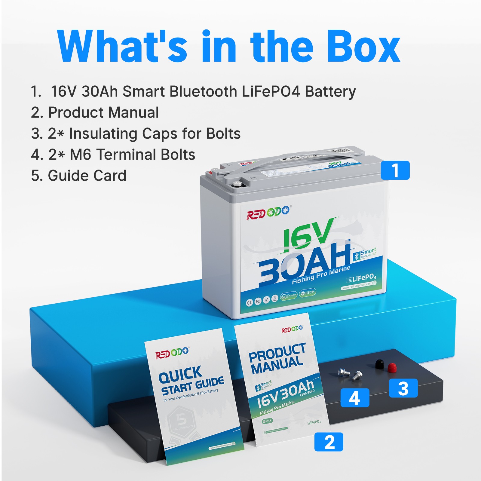 Redodo 16V 30Ah Bluetooth LiFePO4 Battery for Fishfinder, Ice Fishing, Marine