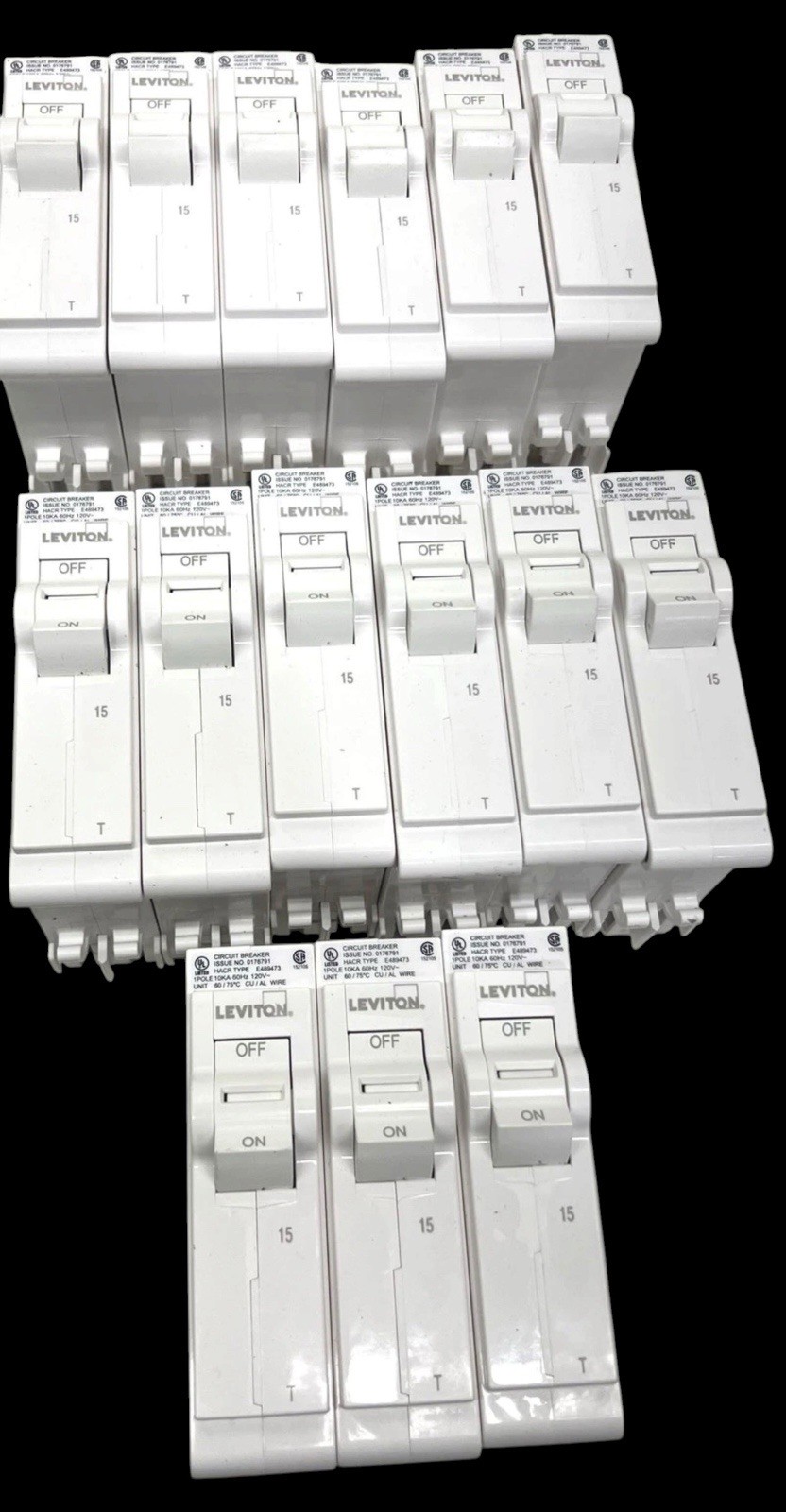 LOT OF 15 Leviton 1-Pole 15 Amp, 120V Thermal Magnetic Branch Circuit Breaker