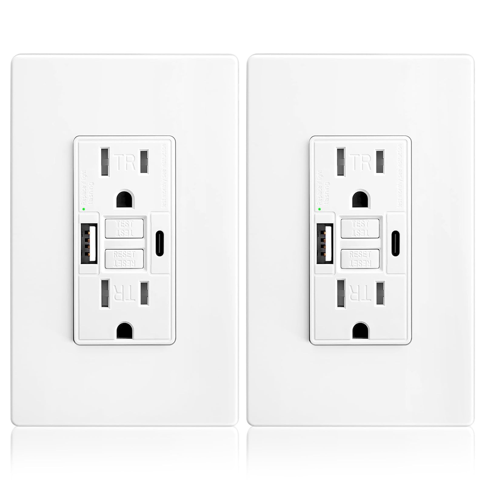 2 PCS GFCI Outlet 15 Amp Charging Power Outlet USB C A Ports SelfTest GFI