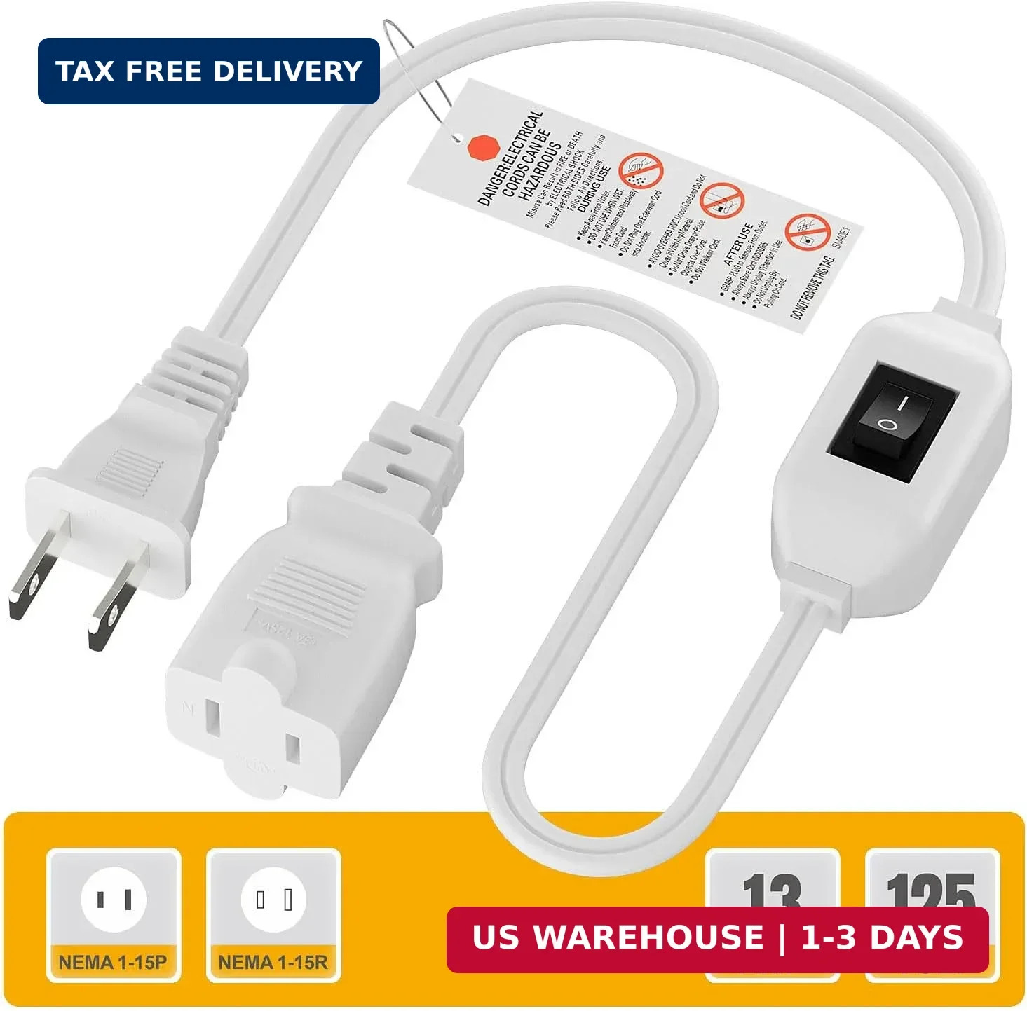 On Off Switch Extension Cord [2-Feet], 2-Prong/2 Outlet Polarized Extension Cord