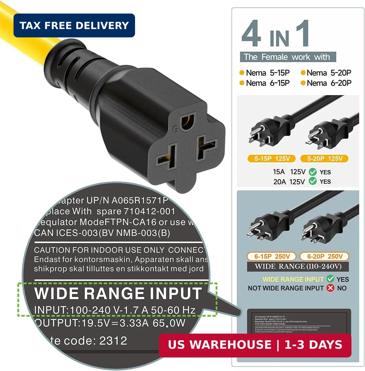 [4-in-1] 12AWG 15 Amp Household AC Plug to 20 Amp T Blade Adapter Cable, NEMA 5-