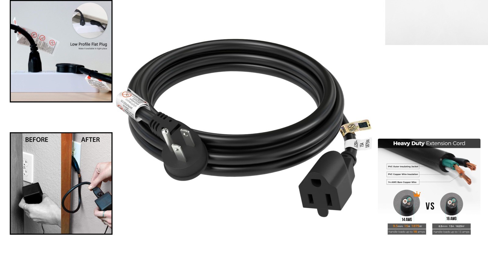 14 Gauge 6ft Flat Plug Power Cord, 15 Amps, Ideal for Tight Spaces