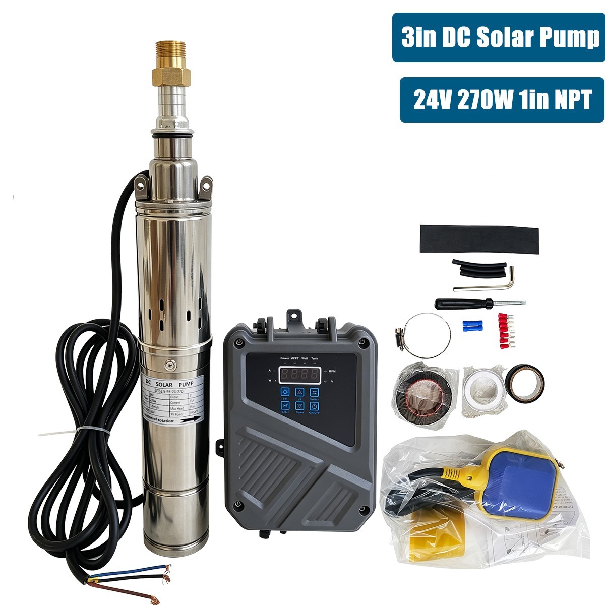 3″ DC 24V Solar Pump Submersible Pump Bore 270W Deep Well Pump + MPPT Controller