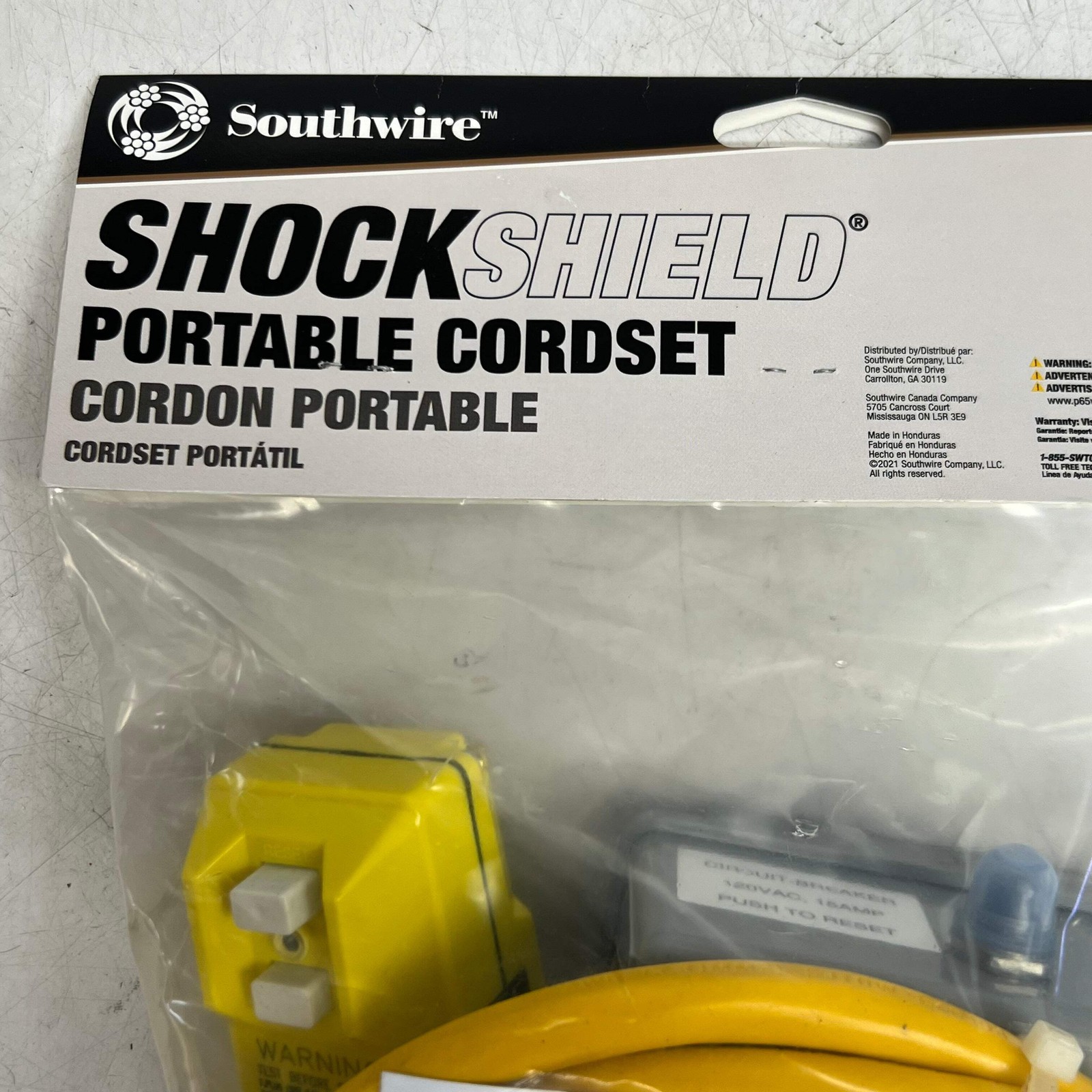 SOUTHWIRE Shockshield Portable Cordset, Manual Reset 120V/15A 6 Ft, Yellow & Gre