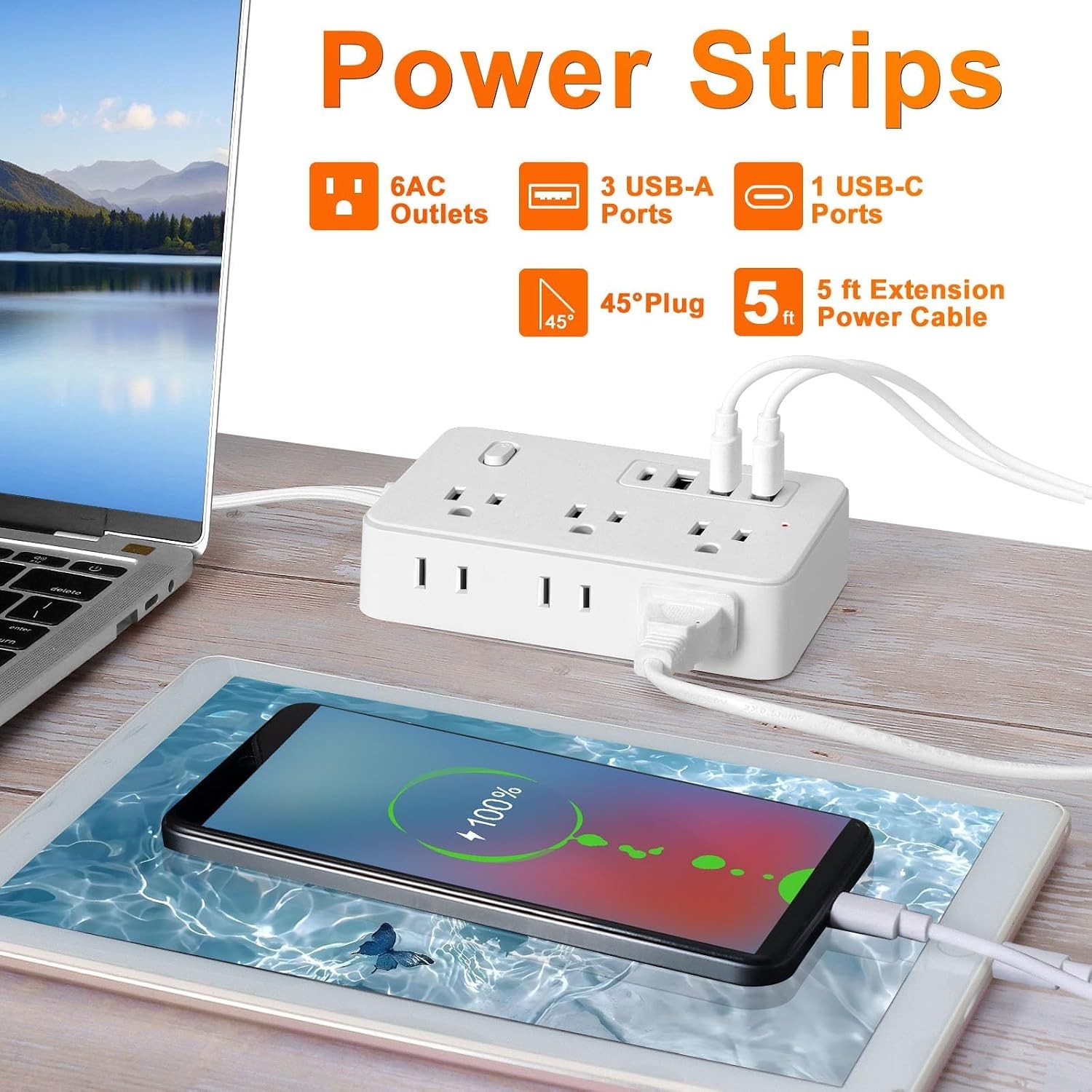 5FT Surge Protector Power Strip with 6 AC Outlets & 4 USB Ports – 1700 Joules