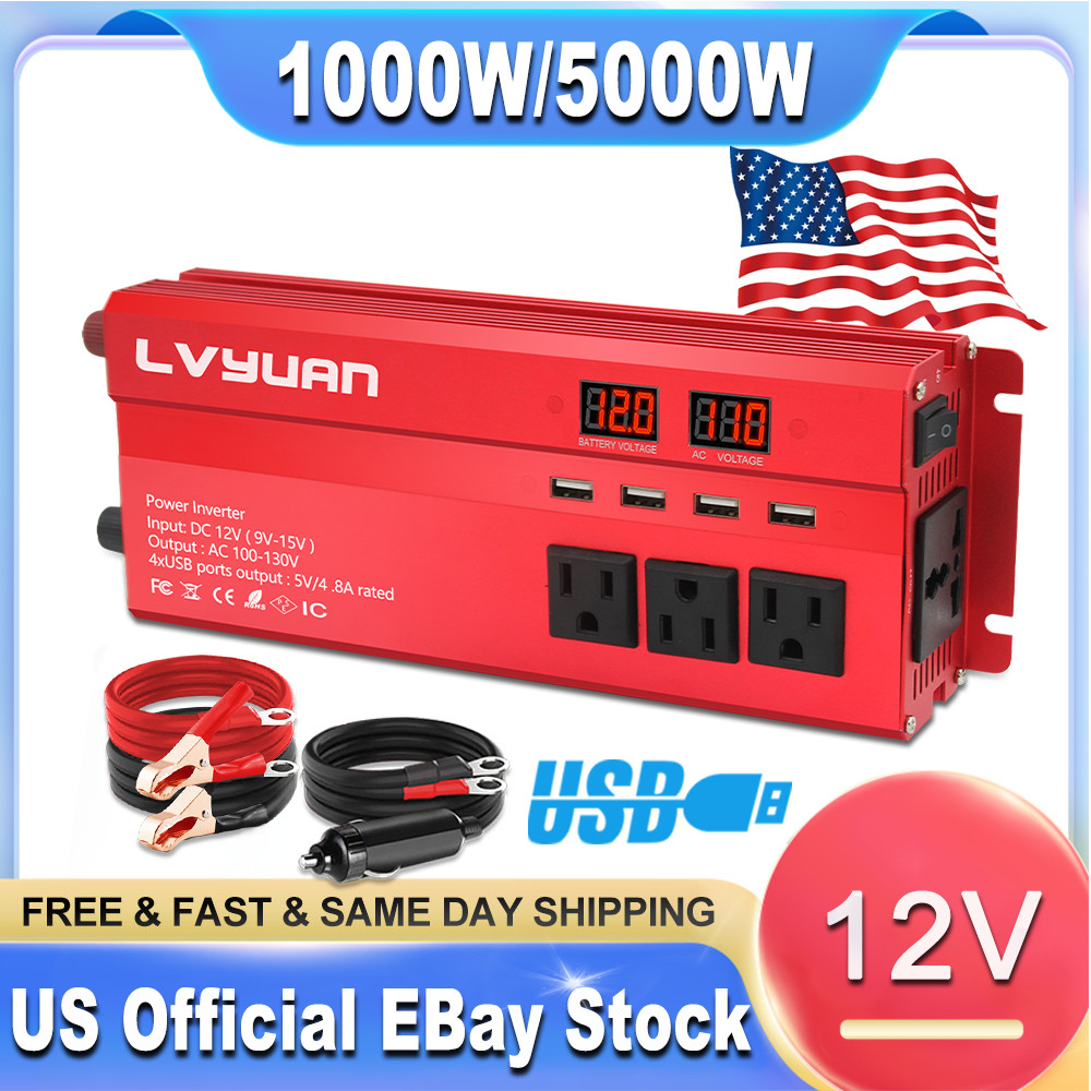 1000W Power Inverter 12V DC to 110V AC Converter 2000W Peak 3 Outlets 4 USB Port