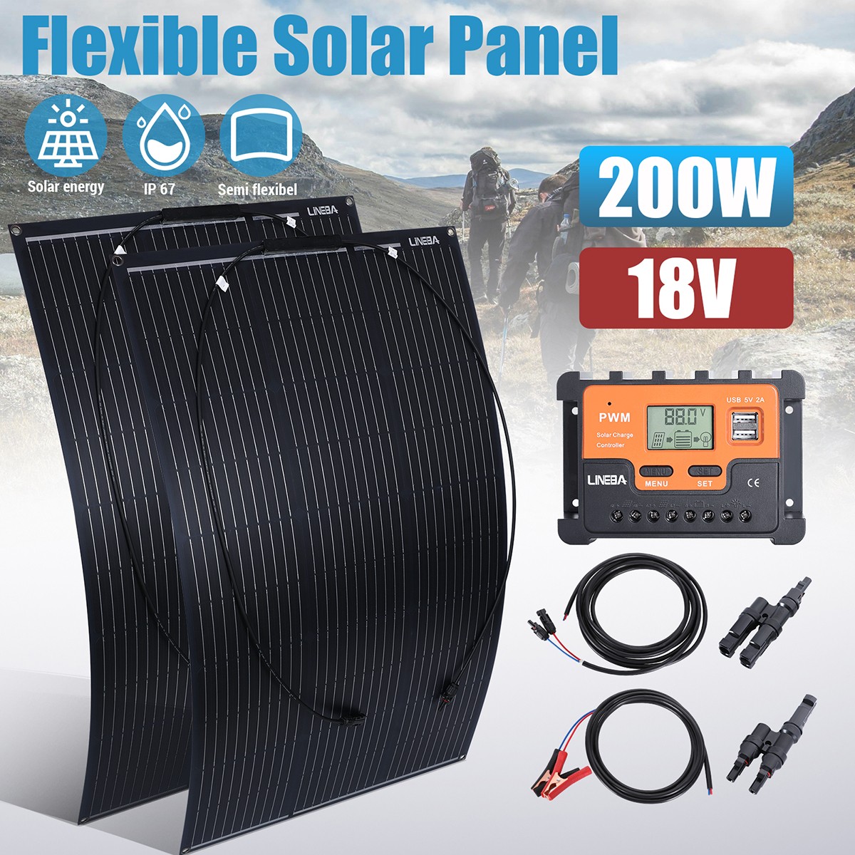 200W Monocrystalline flexible Solar Panel Kit+Controller for RV/Camper/Boat/Home