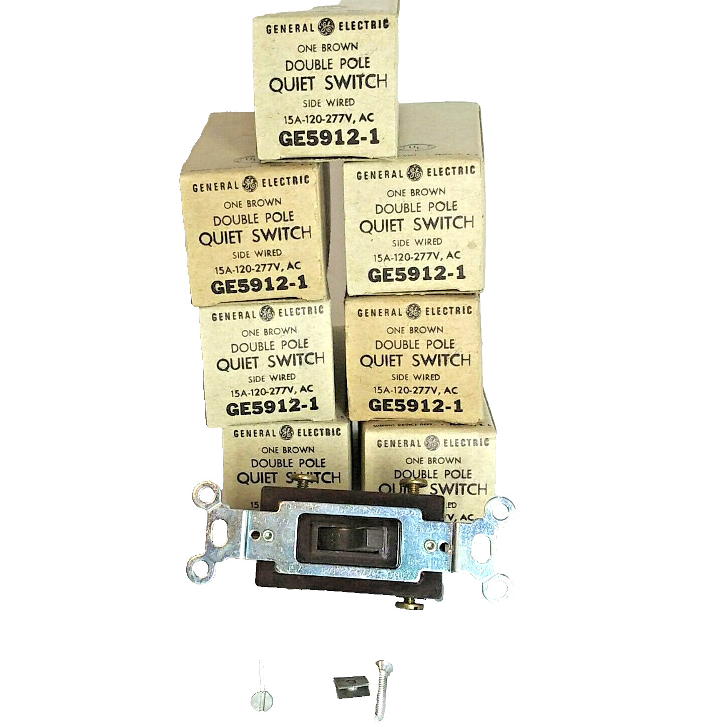 7 New Old Stock GE Double Pole Quiet Switch 15A-120-227V,AC BROWN GE5912-1