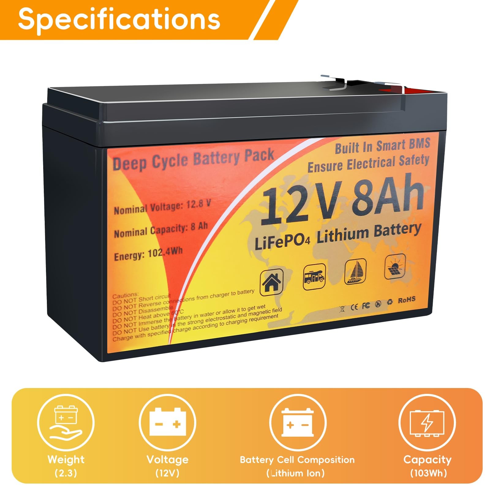 VEMDIA 12V 8Ah LiFePO4 Lithium Battery, Battery Built-in BMS, 4000+…