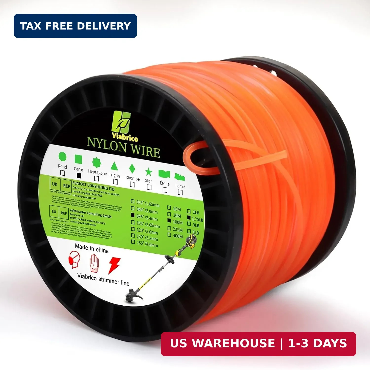 0.095″ Square Eater String 330FT Heavy Duty Nylon Trimmer Line Orange
