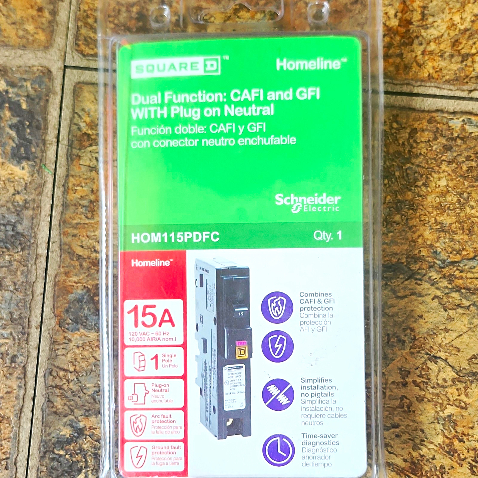 Square D Homeline HOM115PDFC 15A 120VAC 1-Pole Plug-On Neutral AFCI/GFCI