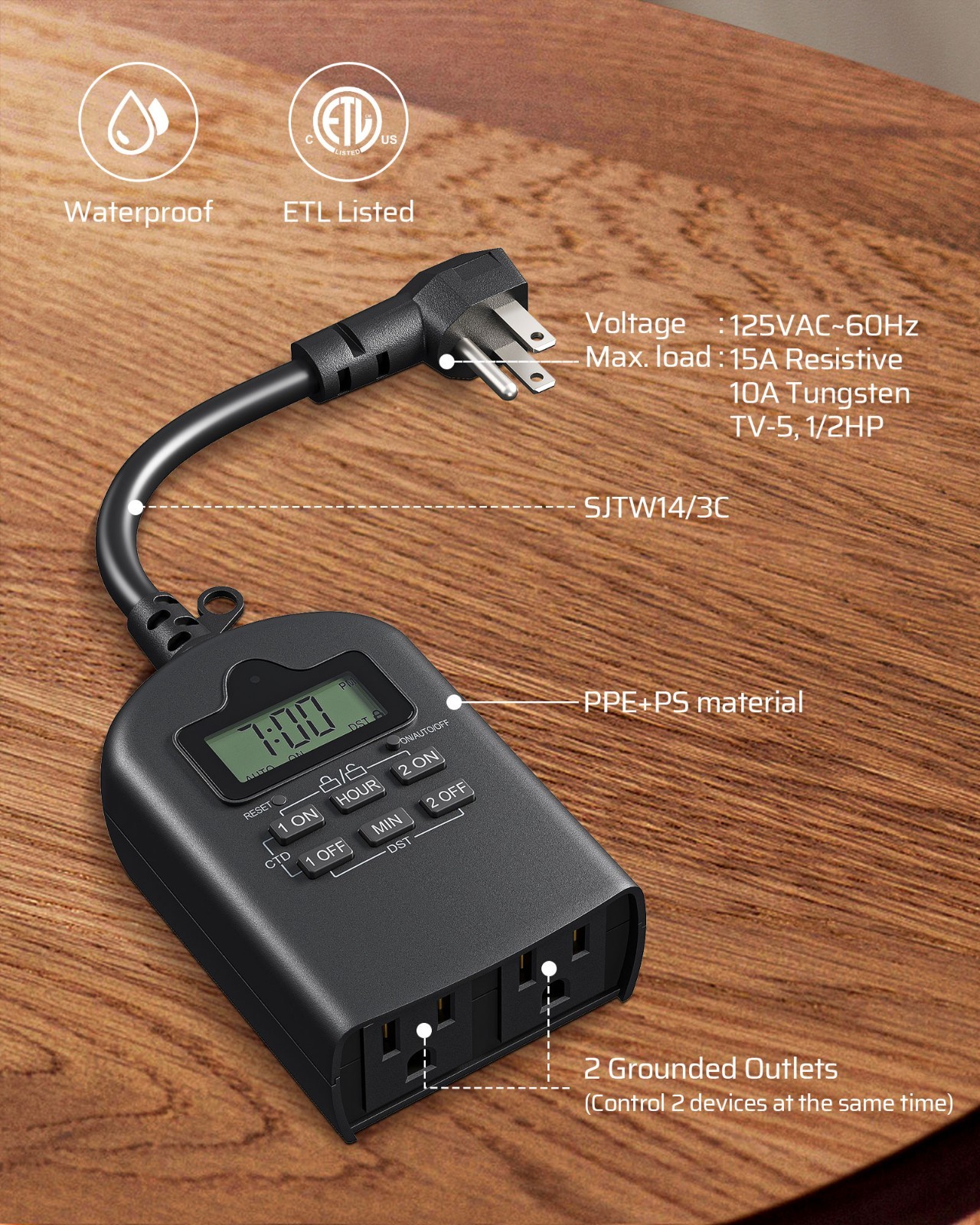 DEWENWILS Outdoor Timer Outlet Waterproof Programmable 2 Outlet 15A Heavy Duty