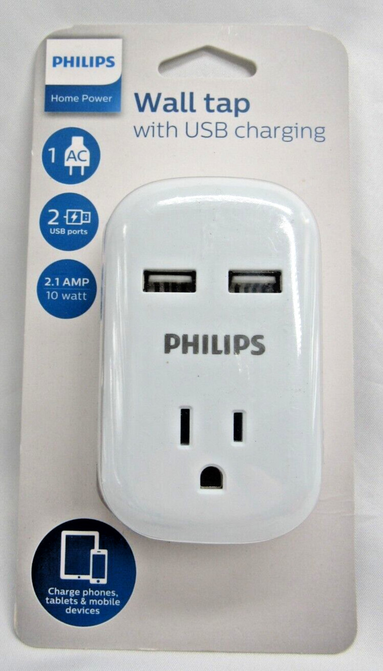 Philips WALL TAP USB CHARGING 1-AC 2.1A Grounded Outlet 2-USB ports