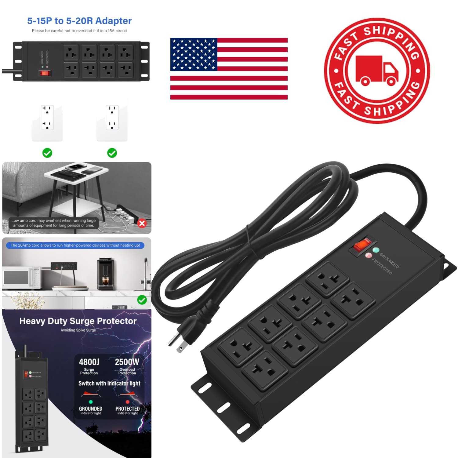 Industrial Power Strip 25ft with 8 Outlets and 4800J Surge Protection Black