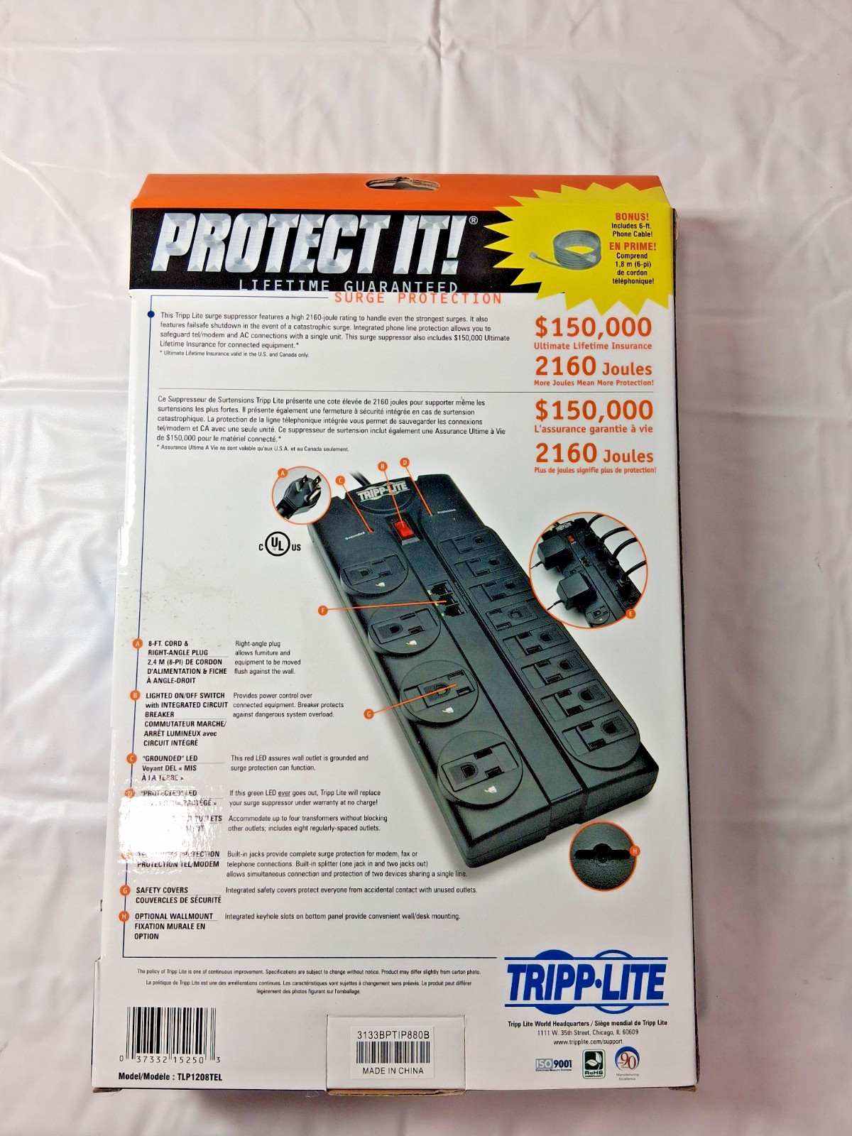 Tripp-Lite Power Outlet Strip 12 Outlets 120 VAC15 Amps 8ft Cord TLP1208TEL