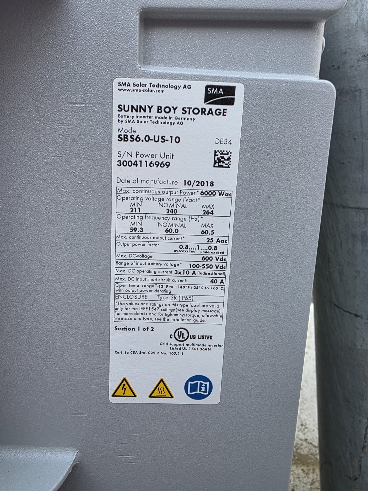 SMA Sunny Boy Storage SBS6.0-US-10 6.0kW Hybrid Inverter Used