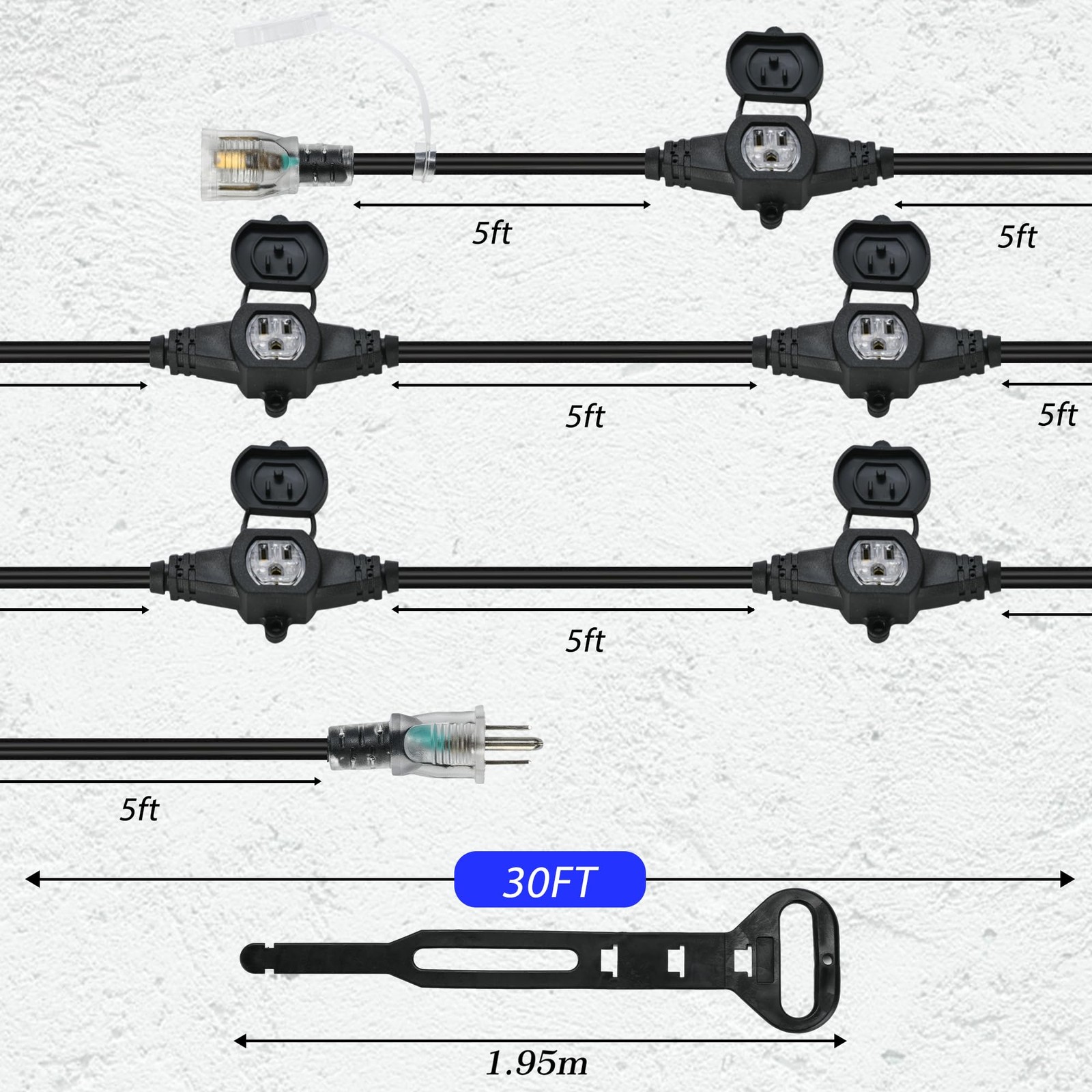 30FT 16 Gauge Heavy Duty Multi Outlet Extension Cord, 6 Evenly Spaced Weather…