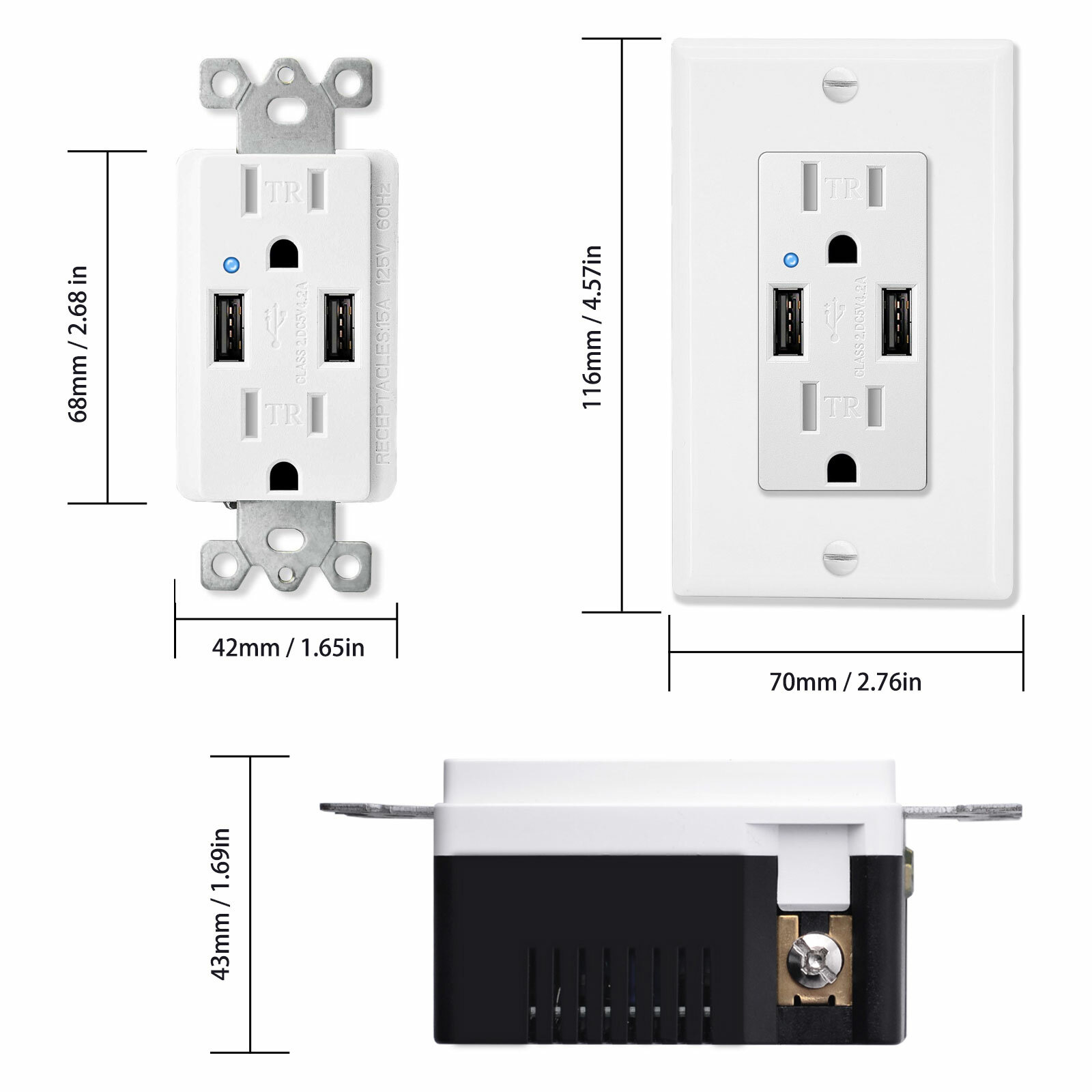 4.2A Dual USB Wall Outlet Socket Power Charger Panel Receptacle w/ Plate UL TR