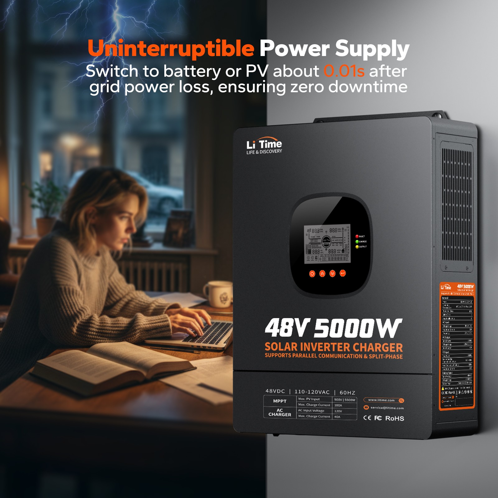 LiTime 48V 5KW Split Phase 3 In One Solar Inverter Charger For Home UPS off-grid