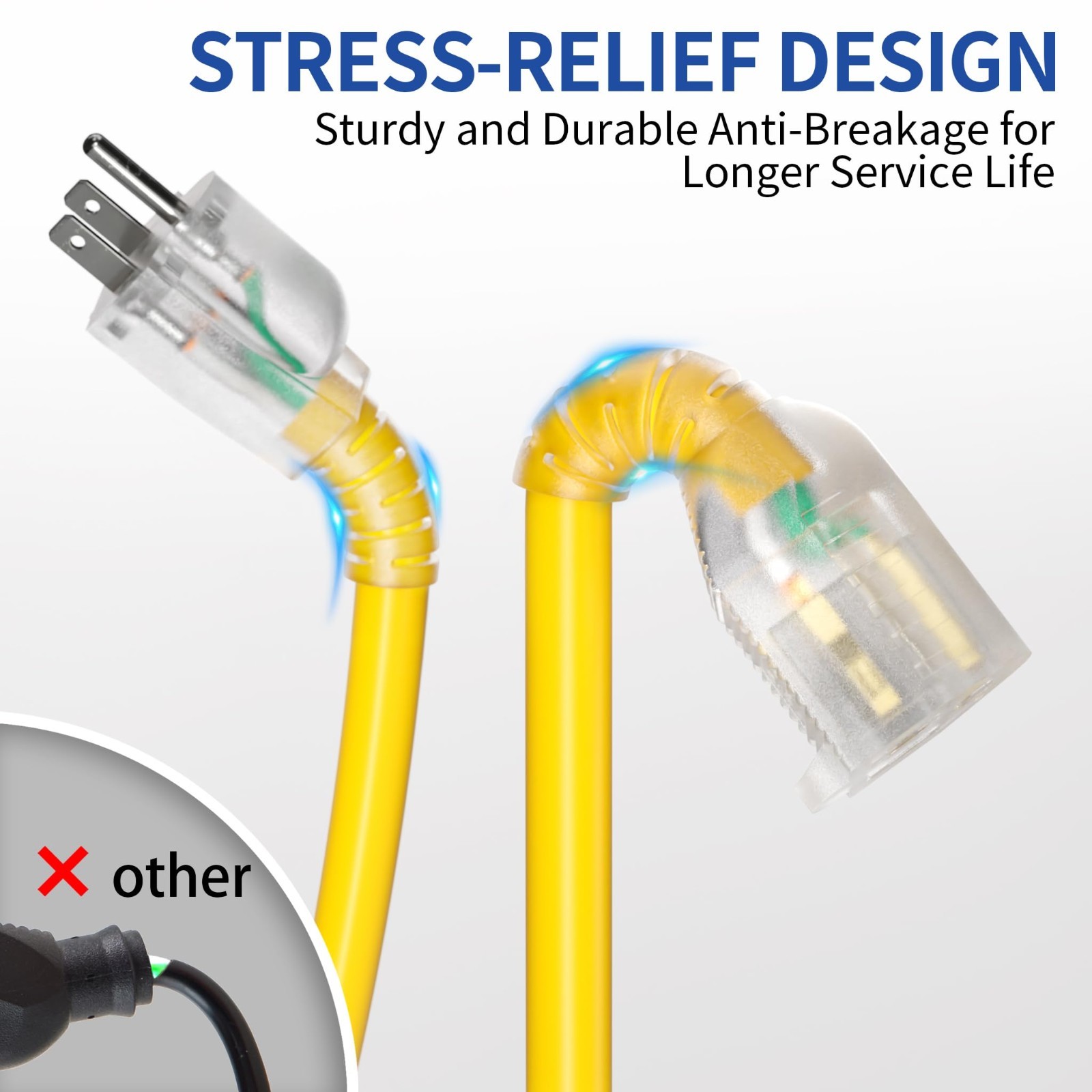 50ft Heavy Duty Extension Cord, 10/3 Gauge, Waterproof, Flexible, Lighted 15A 12