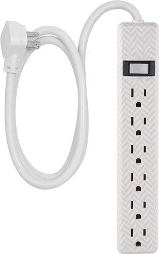 6-Outlet Power Strip, 4 Ft Extension Cord, Power Strip, Grey & White Chevron New