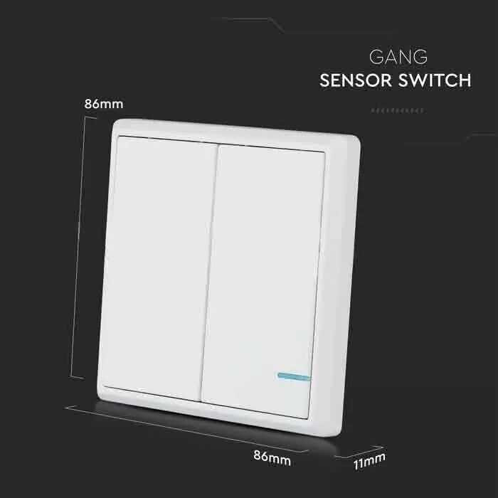 1x Wireless 2 Gang Smart Wall Switch, Dual Button Sensor, LED Light, White, IP54