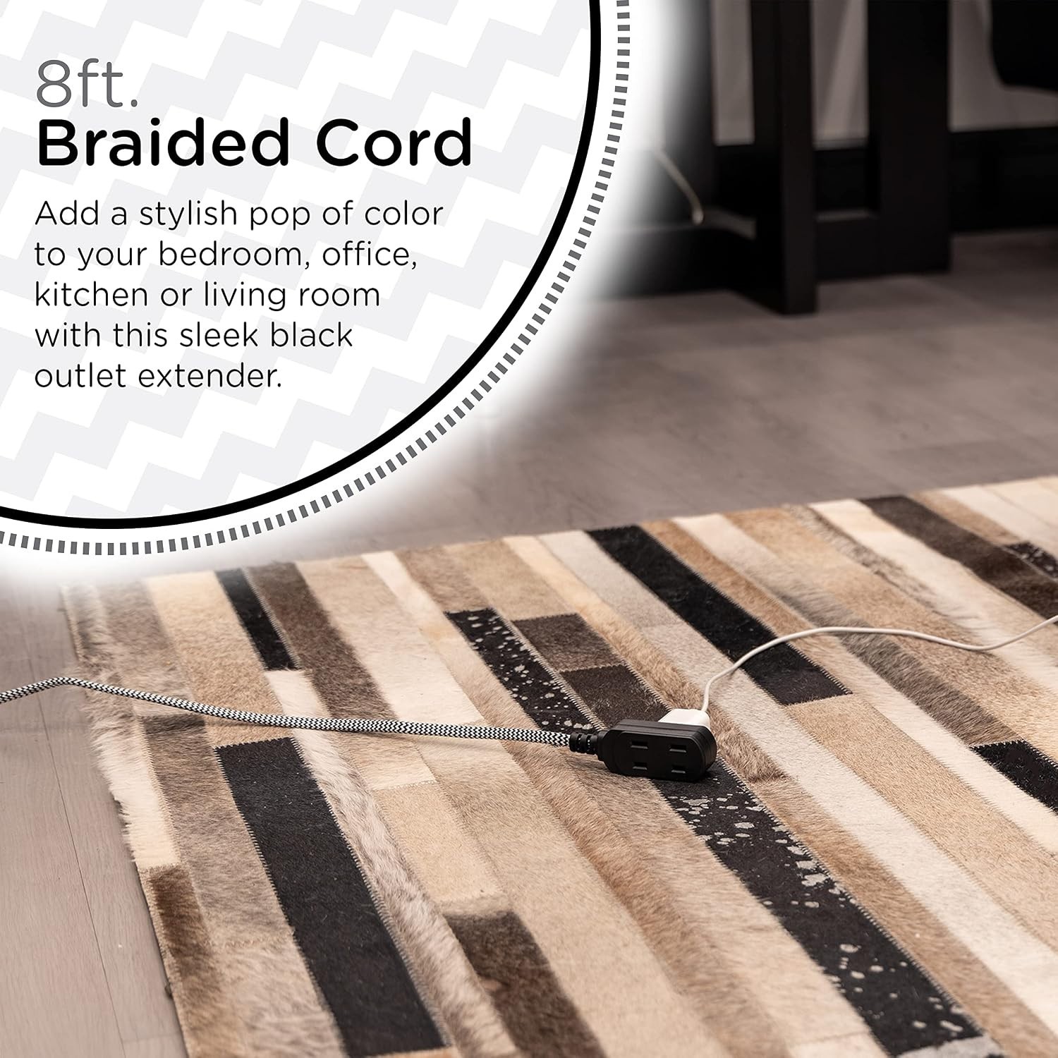 Chic 3-Outlet Power Strip with 8 Ft Chevron Fabric Cord – Stylish Home Essential