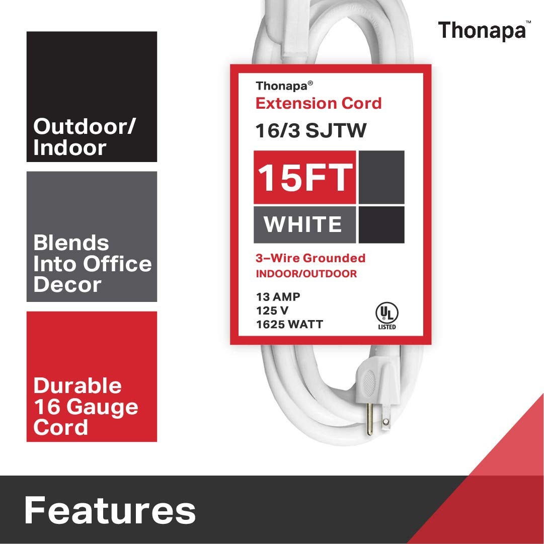 Thonapa 2 Pack White Extension Cord 15 ft, 16/3 SJTW Weatherproof -3 Prong Plug