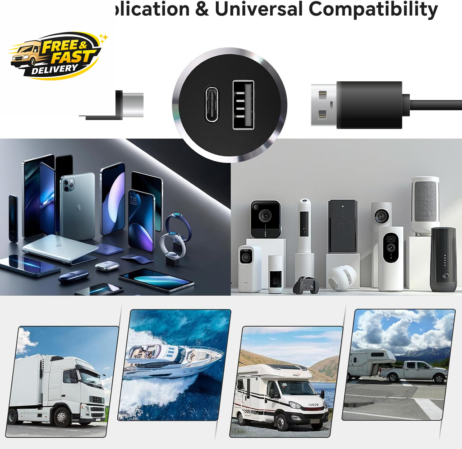 12V USB Outlet All-Aluminum QC 3.0 USB-A & USB-C PD3.0 Dual Fast Car Charger Soc