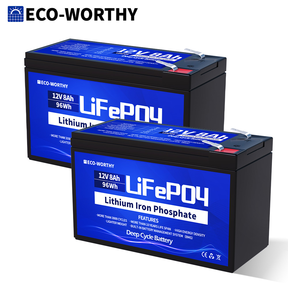 ECO-WORTHY 2 Pack 102Wh 12V 8AH LiFePO4 Lithium Battery for UPS