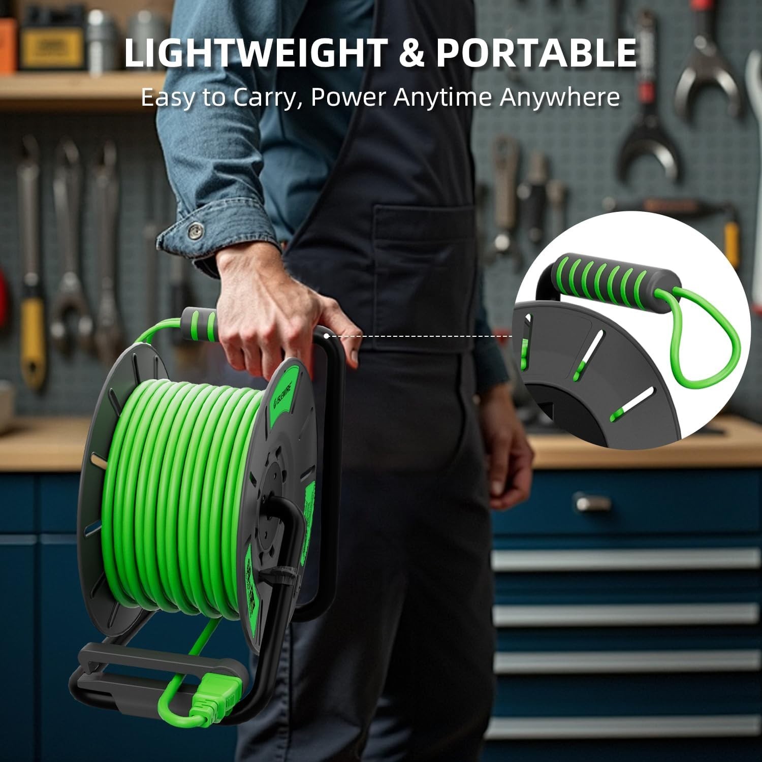 Heavy-Duty 60FT Extension Cord Reel – Ergonomic Design for Indoor/Outdoor Power