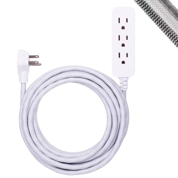 3-Outlet Grounded Extension Cord 15' Braided Cord Gray/White