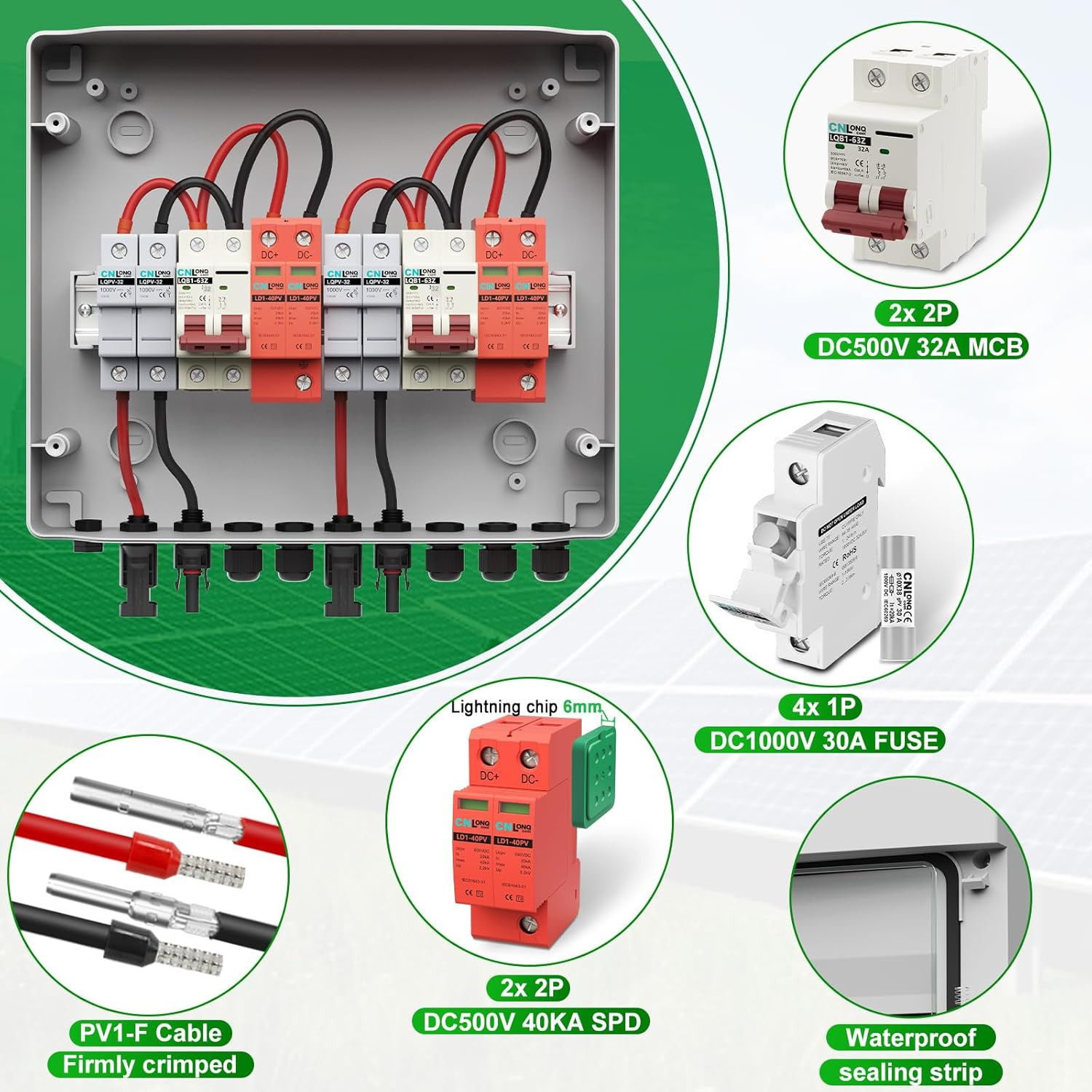 2 String Solar PV Combiner Box IP65 with Circuit Breaker & Surge Protector