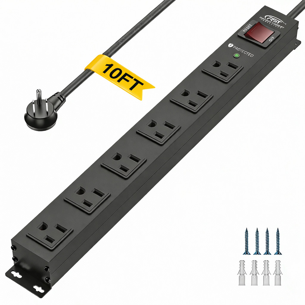 Heavy Duty 6-Outlet Power Strip Surge Protector 2100J 6-10FT Cord & 15A Breaker
