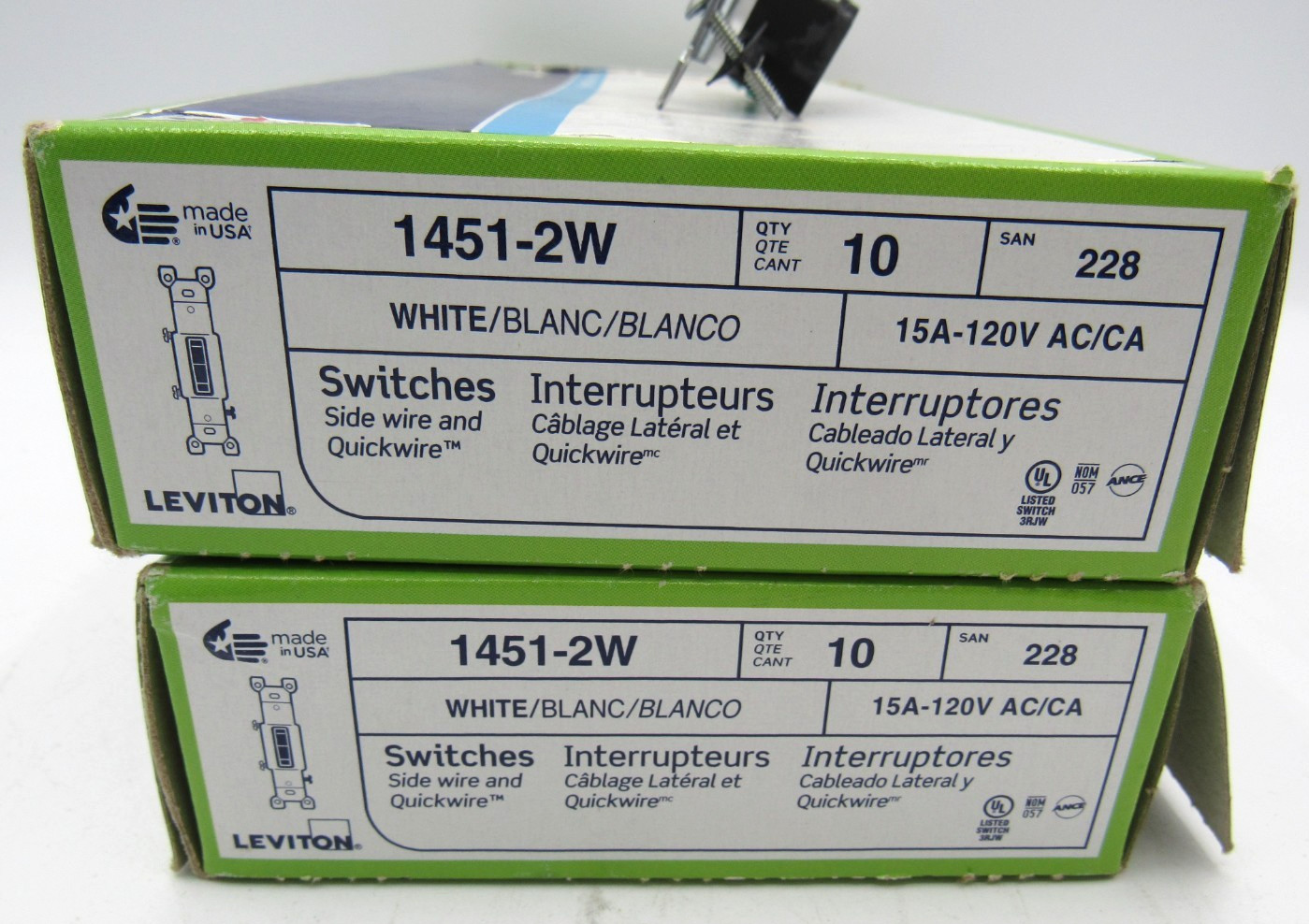 Leviton 1451-2W Switches White 15A 120V Lot of 2 Boxes of 10 pcs Each