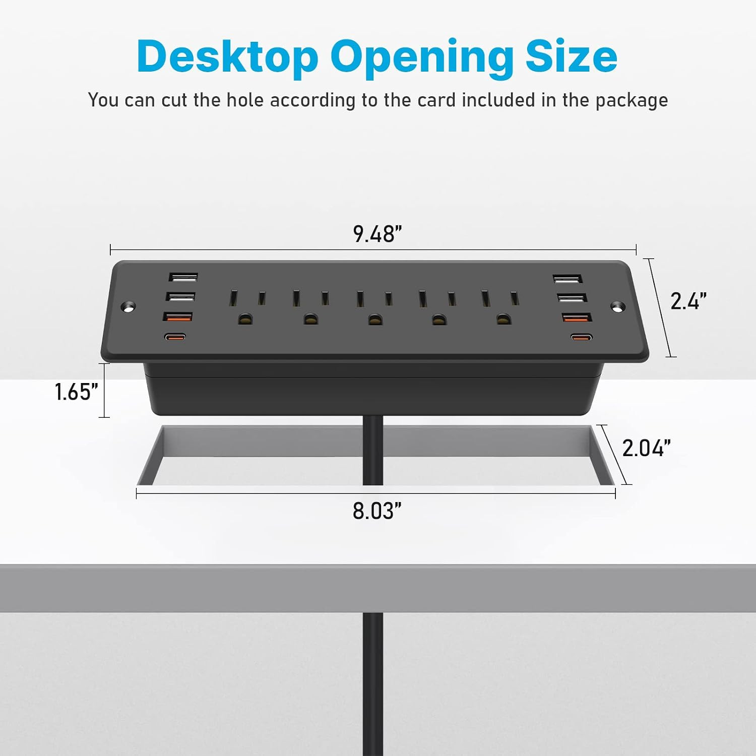 CCCEI Recessed Power Strip 5 Outlets with USB-A and USB-C Ports, Furniture Desk