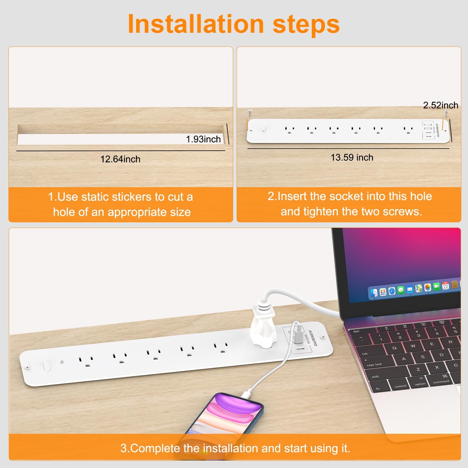Recessed Power Strip 1800J Surge Protector USB C, 6 AC Outlets with 4 white