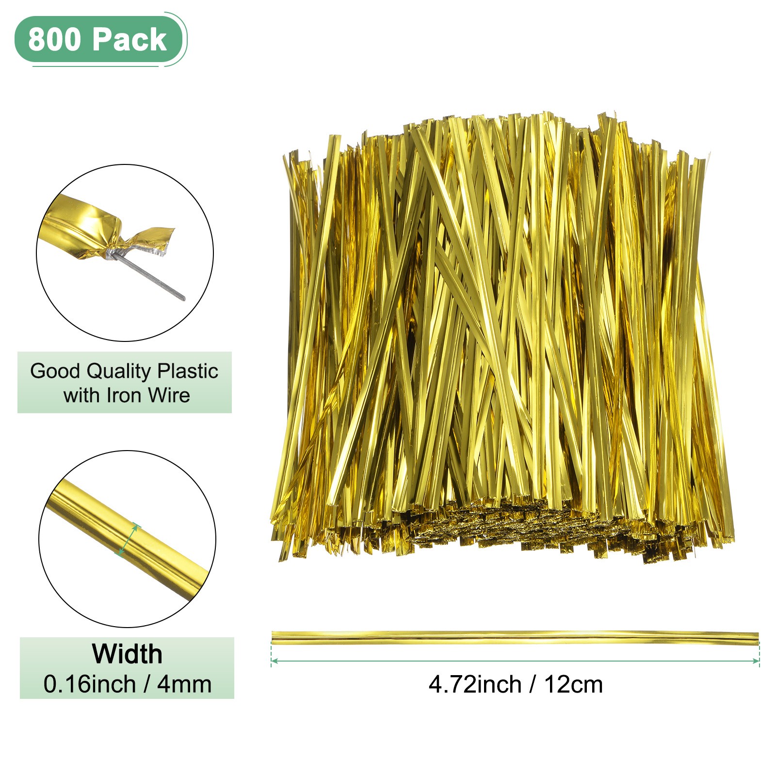 800Pack Metal Twist Ties, 12cm Metallic Twists Tie Bags Twisty-Ties Gold